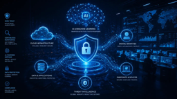AI-powered cybersecurity landscape showing machine learning, cloud infrastructure, digital analytics, threat intelligence, and connected systems