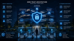 Zero Trust Architecture diagram showing identity-centric security, multi-factor authentication, and automated response systems for enterprise environments