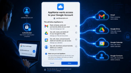 OAuth permission grant screen showing an app requesting access to a Google Account including Gmail, Google Drive, Google Calendar, and Google Contacts