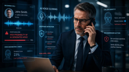 AI voice cloning illustration showing a businessman on a phone with biometric analysis, voice fingerprint, and caller identity verification overlays