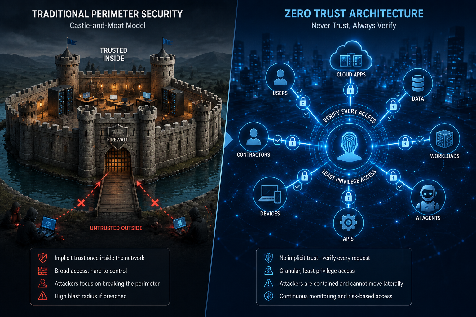 Traditional castle-and-moat security versus modern Zero Trust architecture